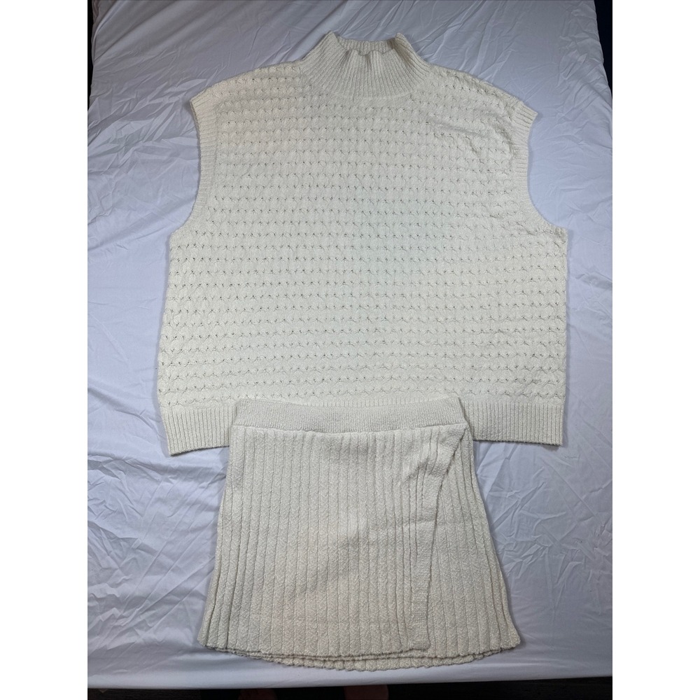 Free People‎ Knit Sweater Vest & Ribbed Mini Skirt Set Ivory XL